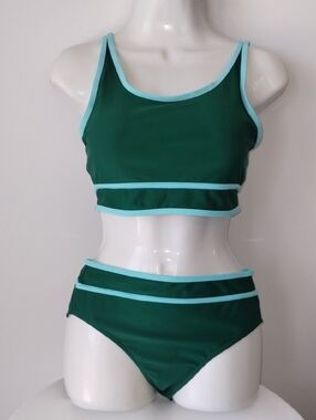 Women's Green Contrast-Trim Two-Piece Swim Set